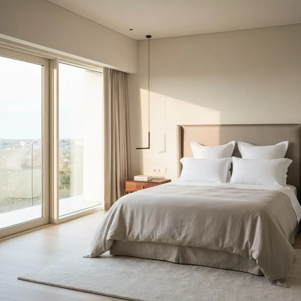 Minimalist bedroom with soft beige bedding and light wood accents