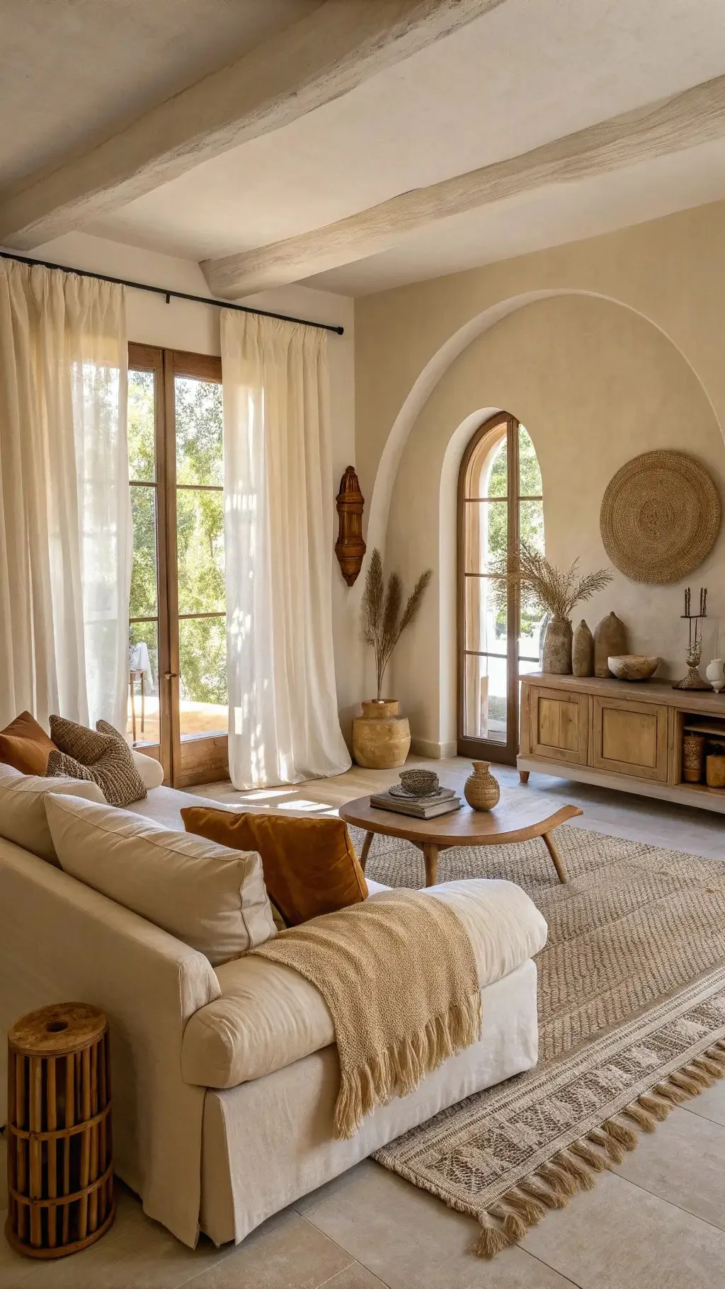 Neutral bohemian living room with natural textures and trailing plants