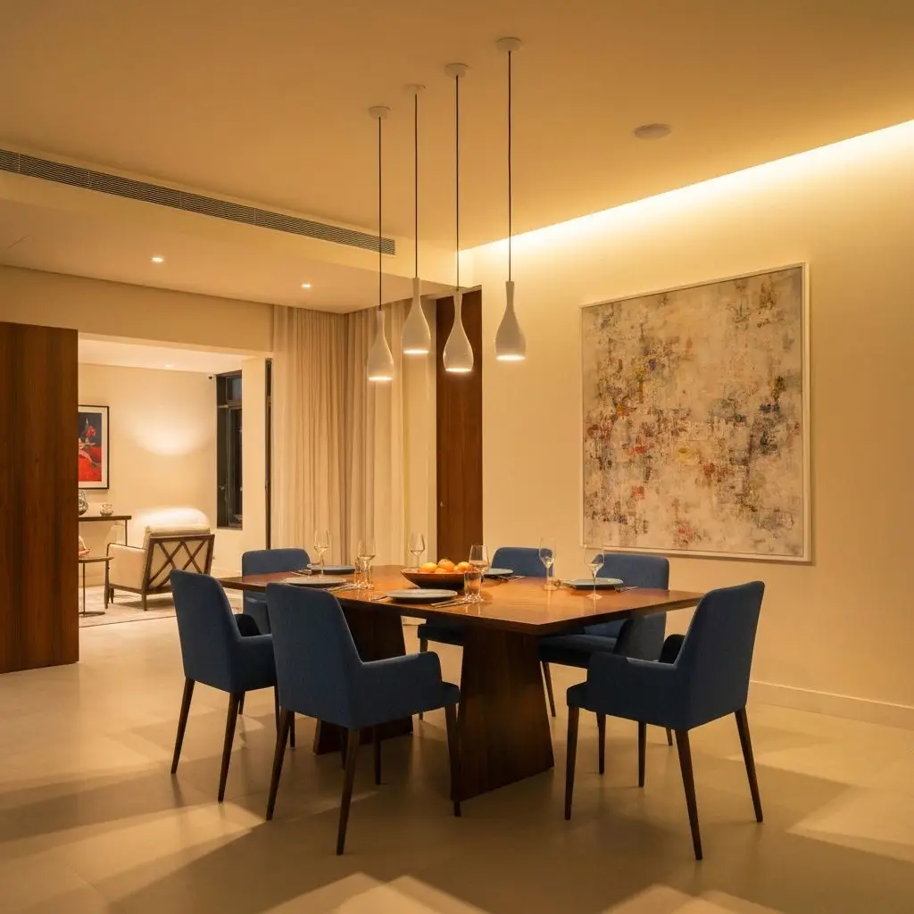 Modern dining room with warm wood table and soft neutral walls