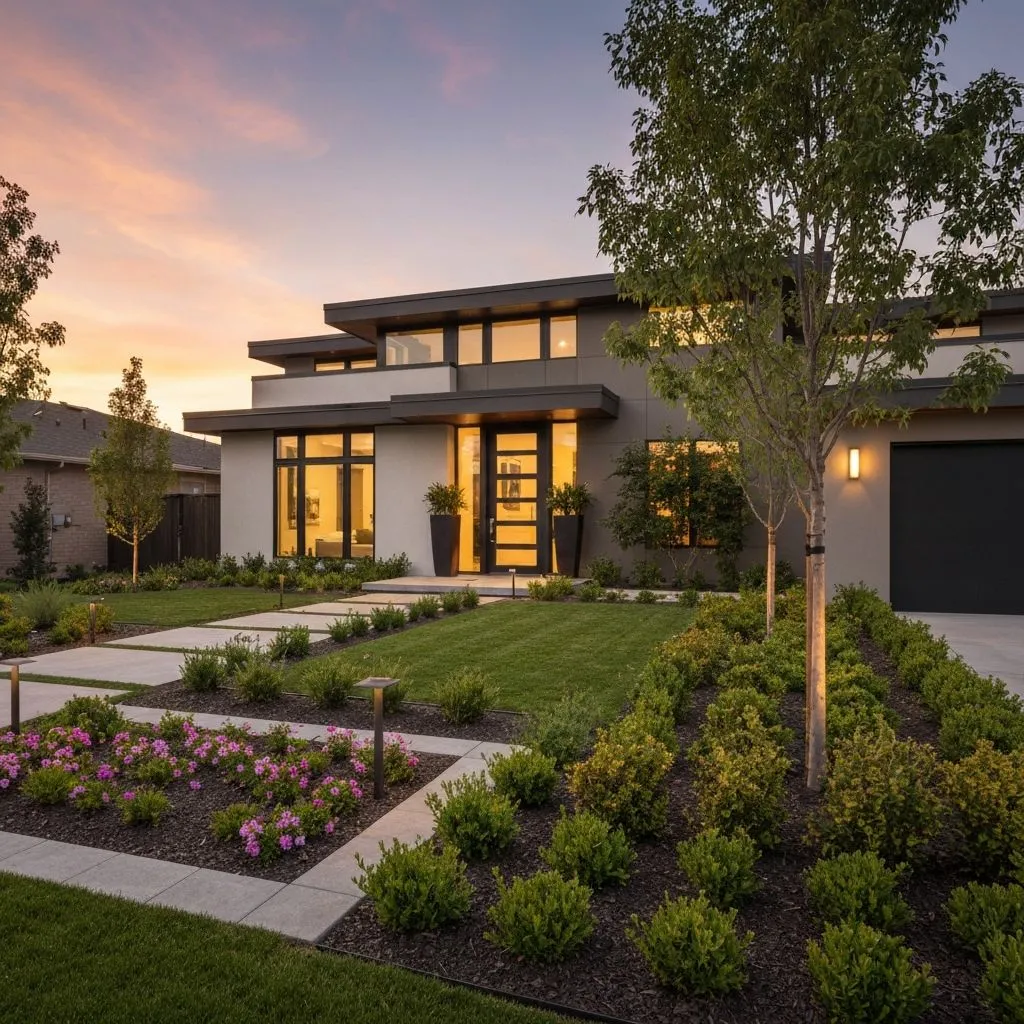 Modern single-story house exterior with clean lines and landscaped entry