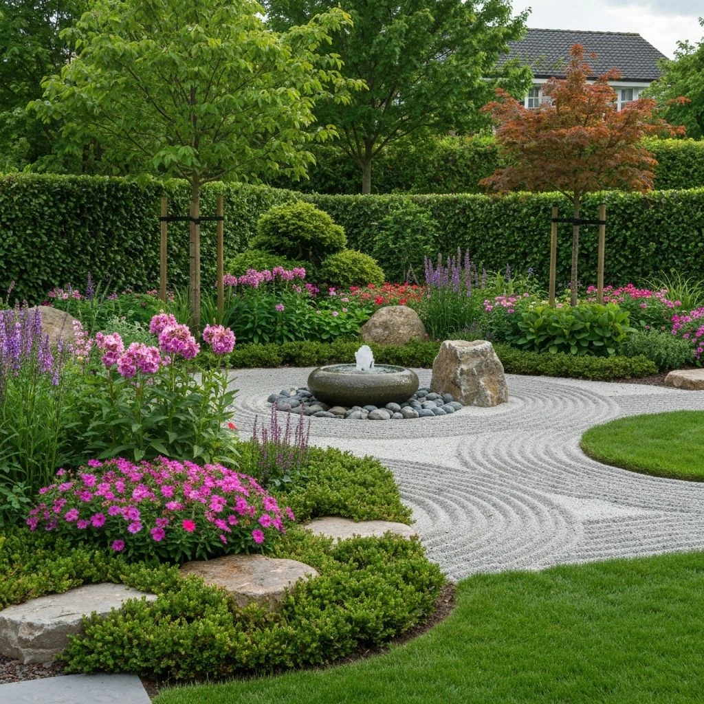 Modern landscape garden with structured planting and stone paths